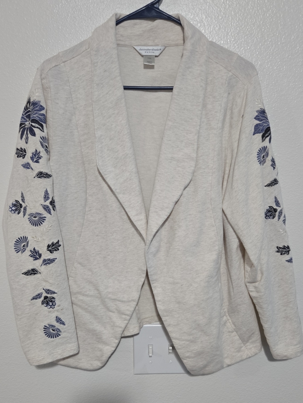 Christopher & Banks Cream Open-Front Cardigan with Navy Sleeve Embroidery